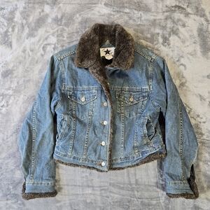 Vintage Star Blue Woman's Lined Denim Trucker Jacket Faux Fur Size Medium Jean